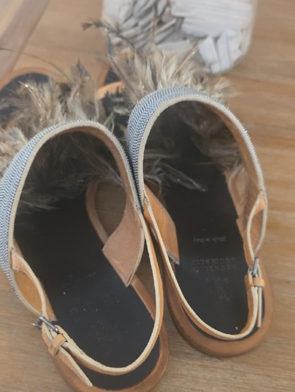 Brunello Cucinelli Ostrich Feather-Trim Slide Sandals in Brown and Black - Picture 5 of 8